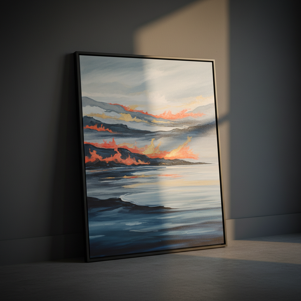 A refined close-up of a framed acrylic painting leaning against a matte charcoal wall, portraying an abstract shoreline where reality dissolves into bands of color. Delicate layers of translucent paint create a sense of depth, with cool greys, stormy blues, and unexpected flashes of coral and pale gold. The frame is a slim, brushed black metal, and the lower edge rests on a smooth concrete floor. A single, narrow beam of late afternoon light from an unseen window grazes the surface, revealing subtle gloss variations and casting a soft shadow behind the frame. The mood is quiet, sophisticated, and slightly mysterious. Photographic realism, shot from a low, slightly angled perspective, with a gentle vignette that draws attention to the painting’s surface and luminosity.
