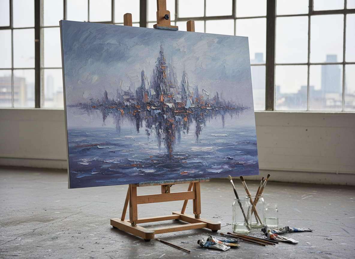 An elegant studio scene featuring a large, original oil painting resting on a sturdy wooden easel, depicting an otherworldly cityscape that seems to float above misty water. The canvas surface reveals subtle ridges of layered oil, with muted blues, smoky violets, and pale copper highlights. Around the easel, glass jars of cloudy linseed oil, worn natural-bristle brushes, and squeezed metal paint tubes lie on a paint-splattered concrete floor. Tall industrial windows reveal a suggestion of London rooftops, with overcast daylight filtering in, casting soft, even illumination. The atmosphere is contemplative and refined. Photographic realism from a three-quarter angle, moderate depth of field to keep both painting and studio tools in crisp focus, conveying the tangible presence of a one-of-a-kind work in progress.