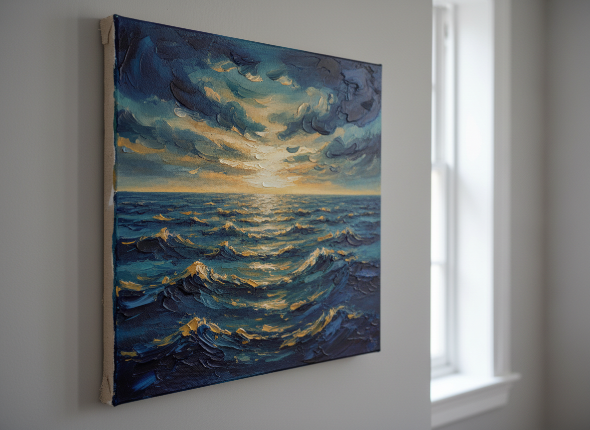 A meticulously lit gallery-style close-up of an original acrylic painting on stretched canvas, showing a dreamlike seascape that feels one step removed from reality. Thick impasto brushstrokes in deep indigo, teal, and muted gold catch the light, with subtle texture along the canvas edges and hints of the raw linen beneath. The painting hangs on a soft grey wall in a minimalist London loft interior, with a blurred hint of a sash window behind. Soft, diffused daylight from the left creates gentle shadows and a quiet, sophisticated mood. Photographic realism, shot straight-on at eye level with a shallow depth of field, emphasizes the physicality of the paint and the uniqueness of the original artwork.